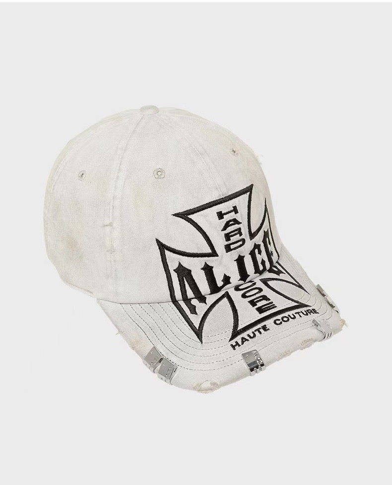 Alice B&W Cross Embroidered Cap – Distressed Baseball Hat 0pium Playboi Carti - Adjustable White