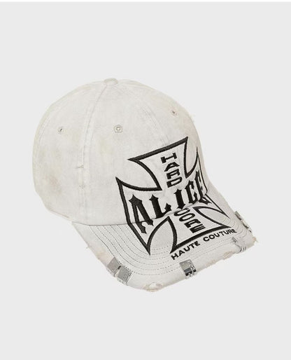 Alice B&W Cross Embroidered Cap – Distressed Baseball Hat 0pium Playboi Carti - Adjustable White