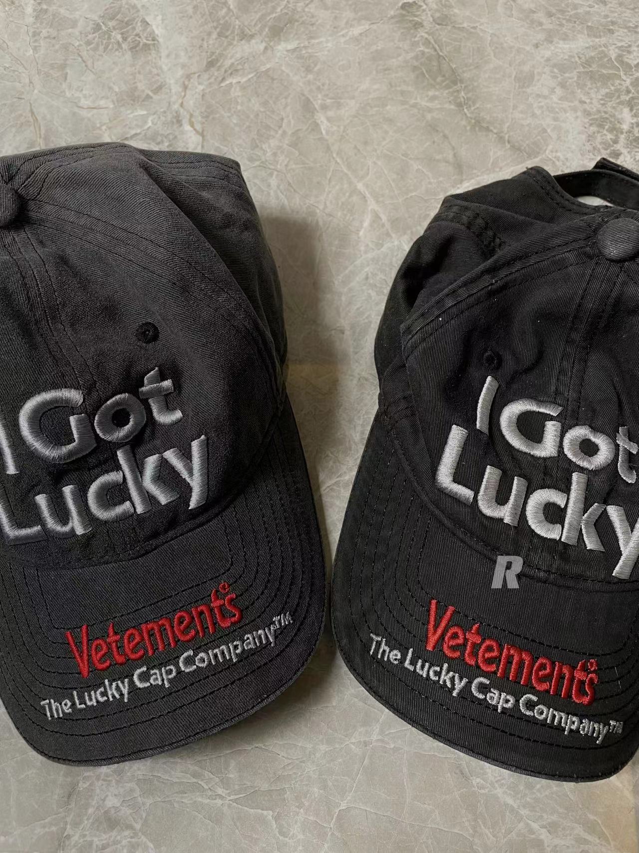 Vetements 22FW Washed Gray Embroidered Baseball Cap ’I Got Lucky’ Long Brim Hat