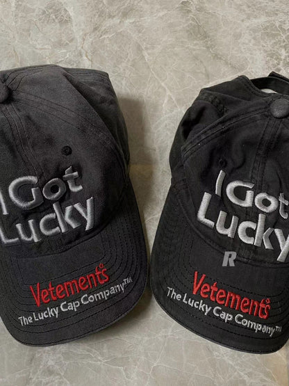 Vetements 22FW Washed Gray Embroidered Baseball Cap ’I Got Lucky’ Long Brim Hat