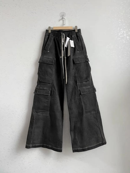 23SS Rick Owen Wide-Leg Washed Gray Jeans Ash Gray Unisex Cargo Pants - Size avaliable S ~ L