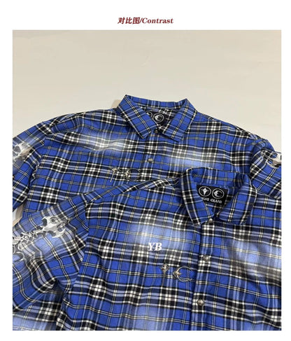 ThugClub 24FW Vintage Plaid Jacket - Sword Embroidery Distressed Checkered Shirt