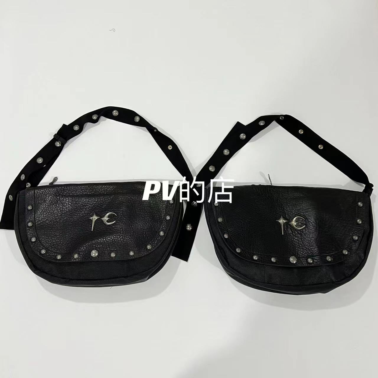 Thug Club 23SS Genuine Leather Shoulder Bag Grain Biker Crossbody Bag - Black