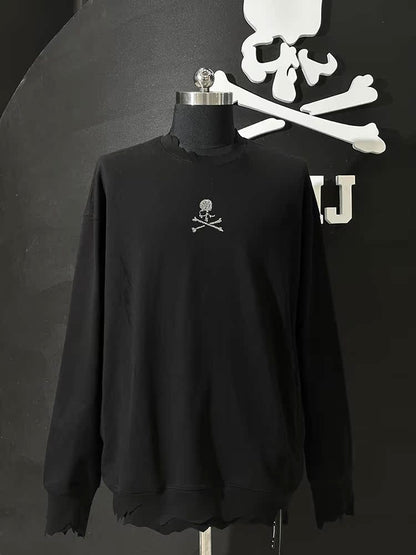MASTERMIND MMJ Skull Glitter 3D Print Cut-Off Distressed Crewneck Sweatshirt