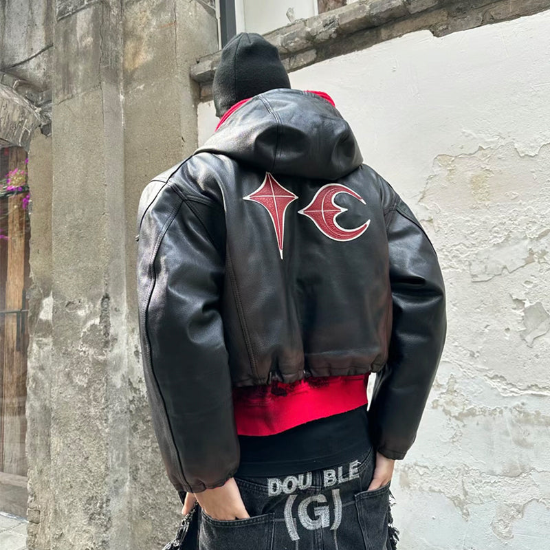 Thug Club Washed Black Hooded Leather Jacket - Cropped Biker Coat - 