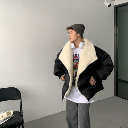 Donclickin Minimalist Shearling Cotton Jacket – Korean Oversized Turn-Down Collar