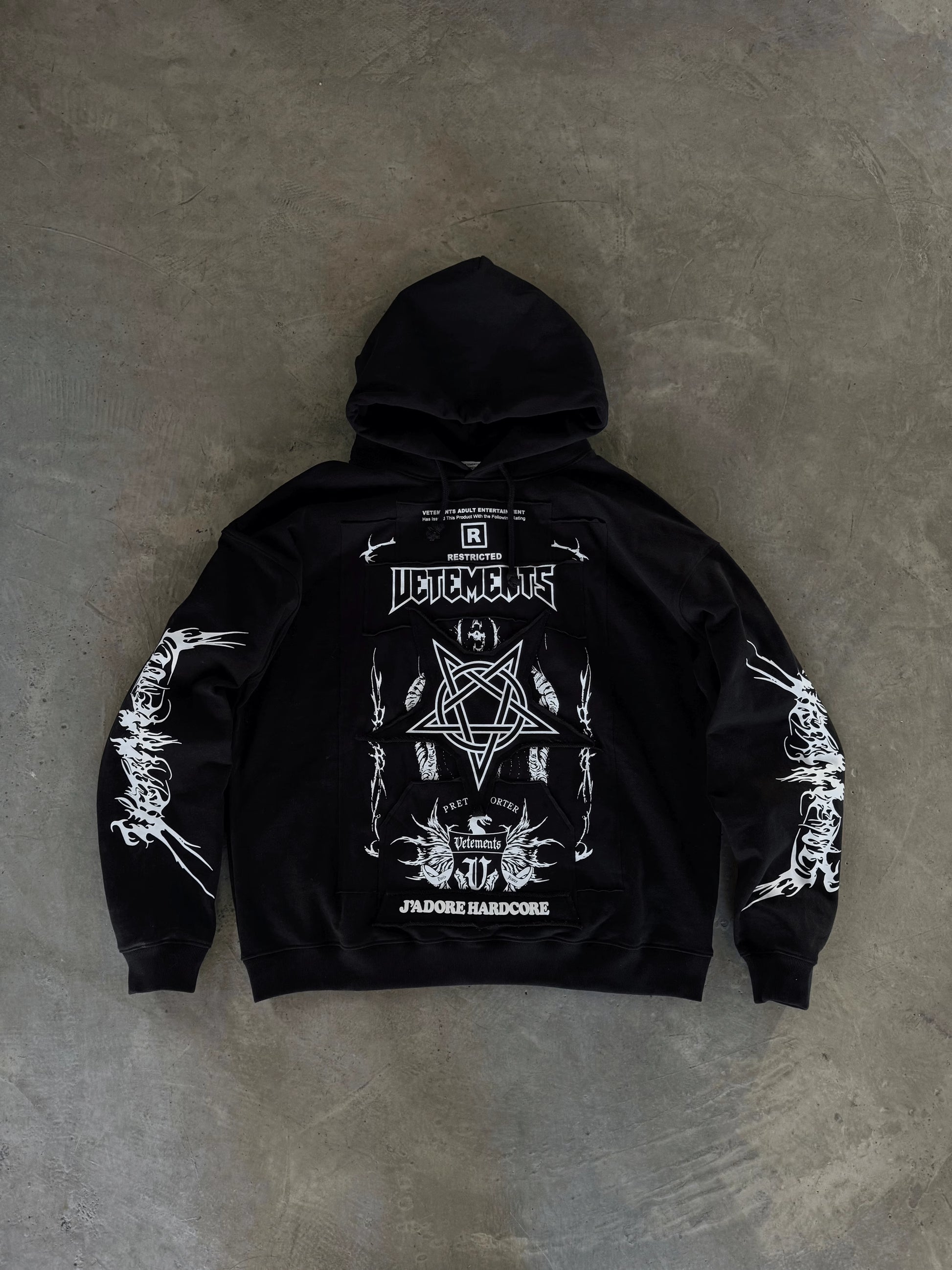Vetements Oversized Hoodie J’adore Hardcore Patchwork Black Patched Logo