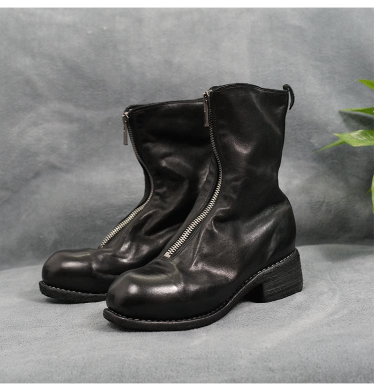 Guidi Horse Leather Distressed Chunky Heel Mid-Calf Ankle Boots PL1/2 Front-Zip