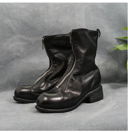 Guidi Horse Leather Distressed Chunky Heel Mid-Calf Ankle Boots PL1/2 Front-Zip