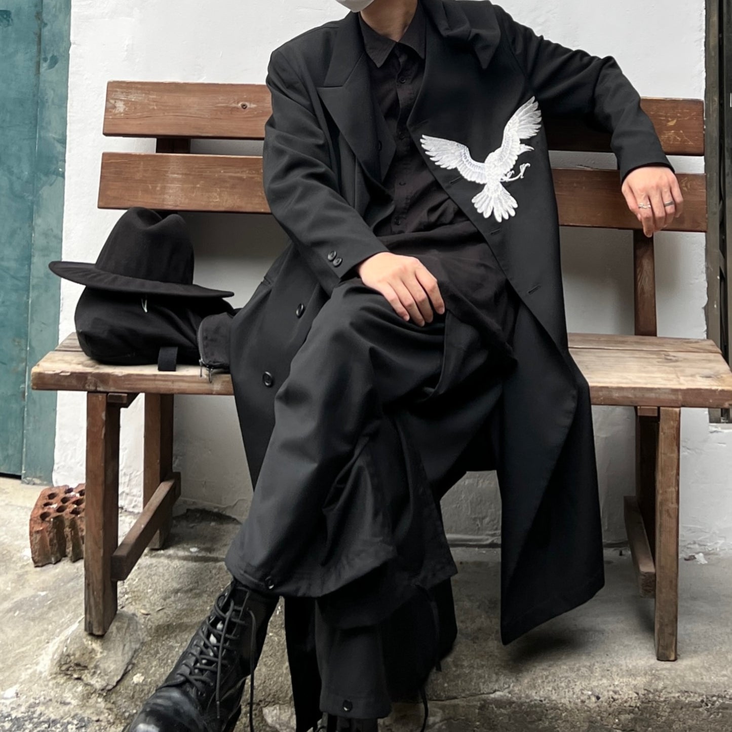 Yohji Wool Trench Coat - Double-Layered Collar White Raven Embroidery