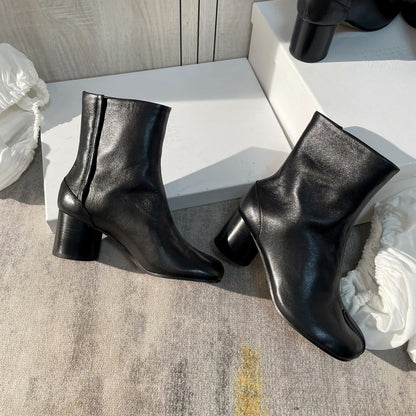 25AW Women’s Tabi Heel Boots - 8cm Stiletto Calfskin Split-Toe Ankle Boots