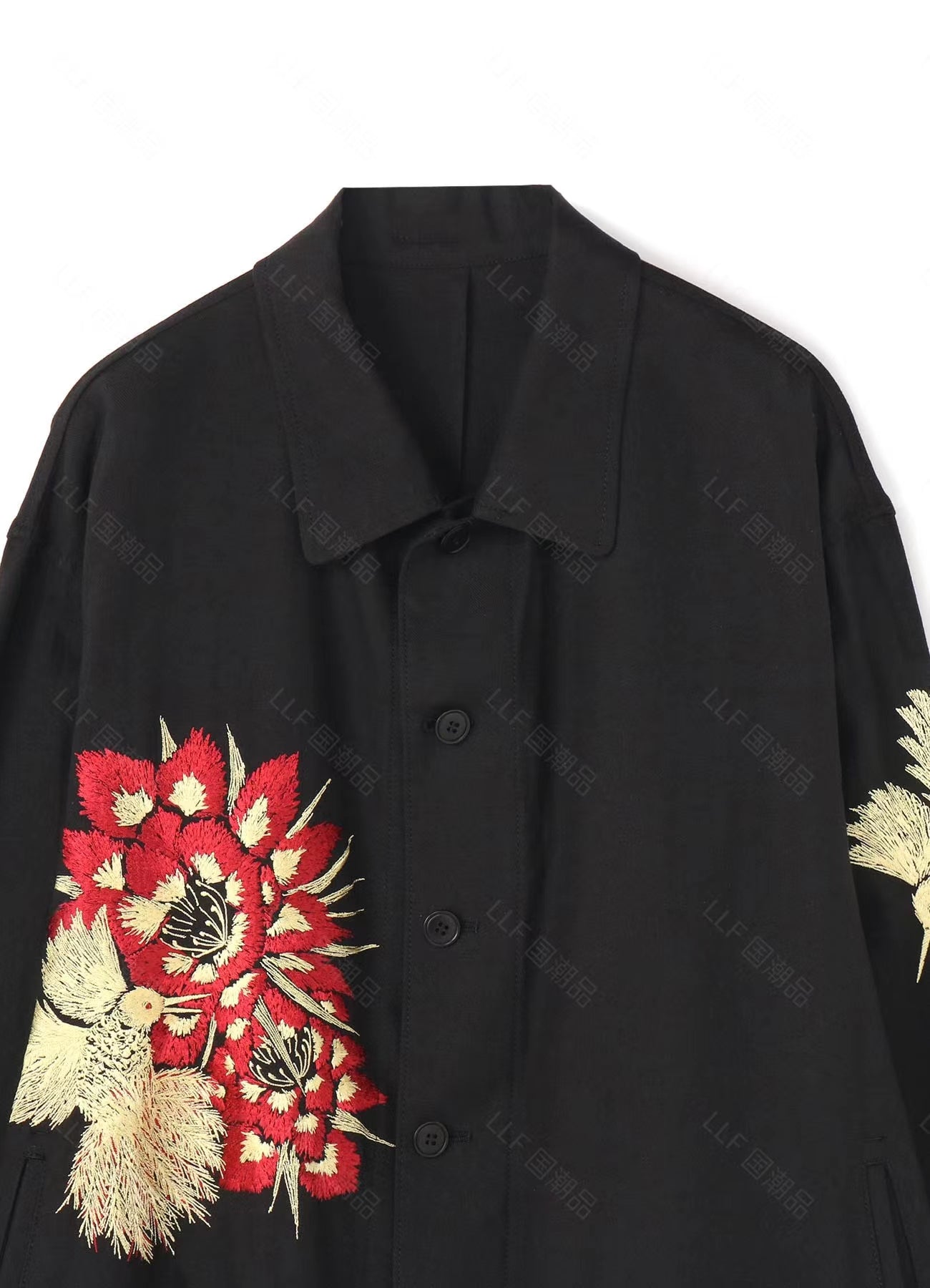 Yohji Yamamoto Hummingbird Embroidered Silk-Linen Jacket Long Sleeve