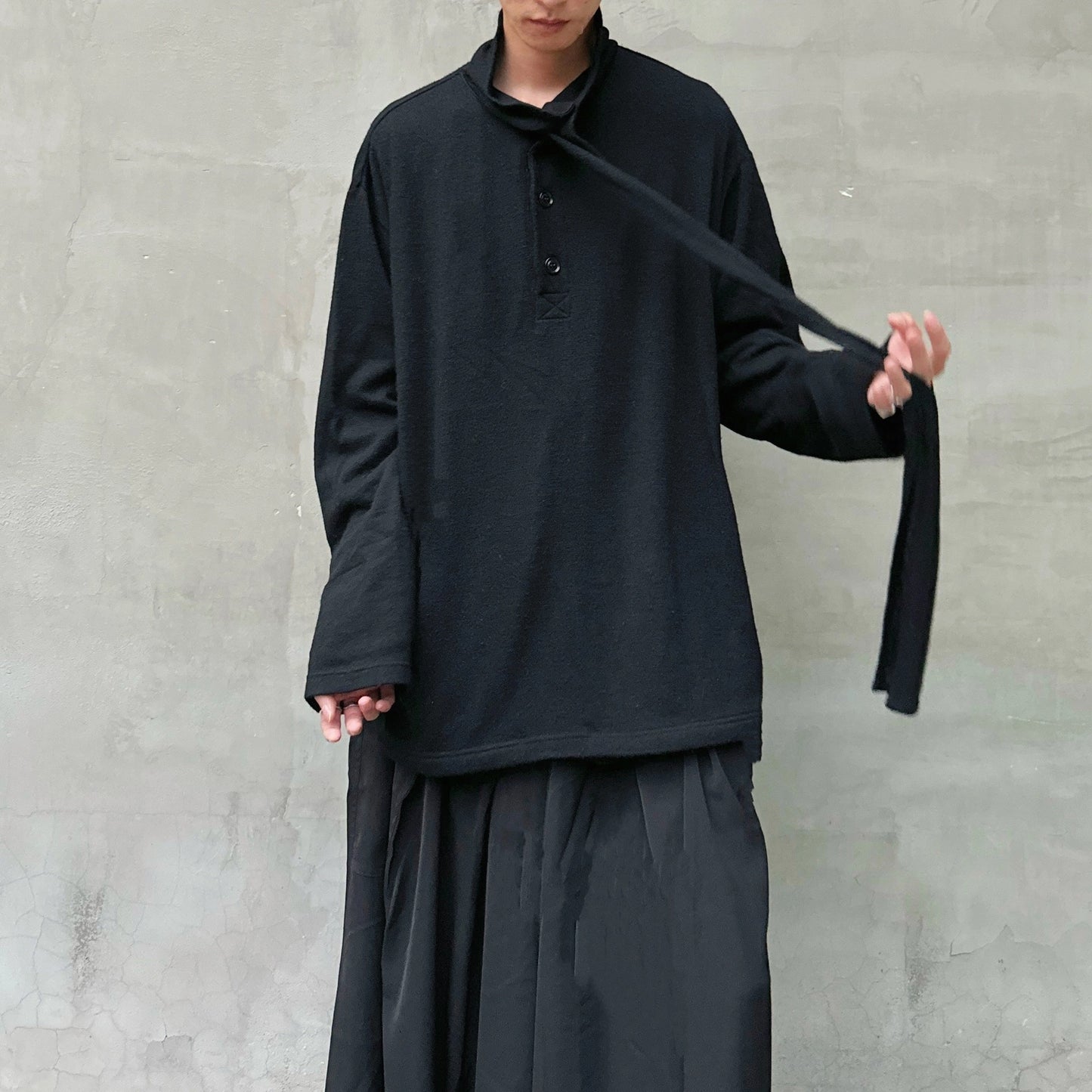 Yohji Yamamoto Merino Wool Knit Sweater Turtleneck Integrated Tie Scarf