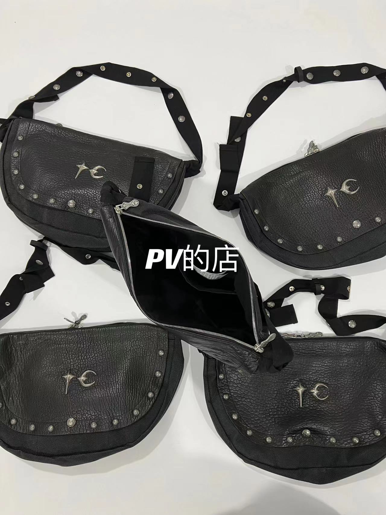 Thug Club 23SS Genuine Leather Shoulder Bag Grain Biker Crossbody Bag - Black