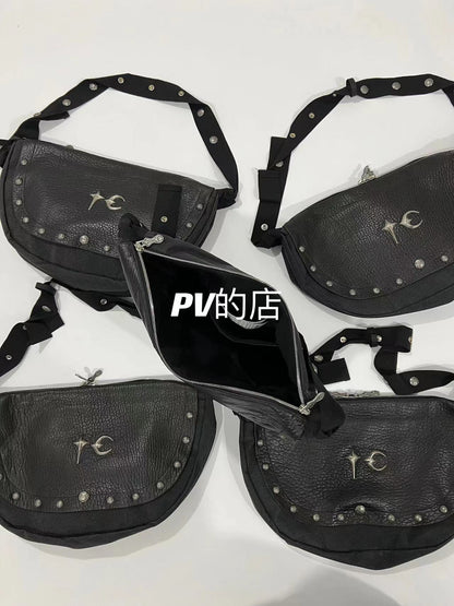 Thug Club 23SS Genuine Leather Shoulder Bag Grain Biker Crossbody Bag - Black
