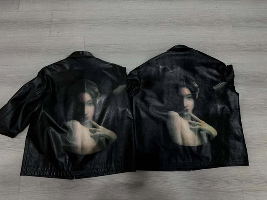 Yohji Yamamoto Uchida Suzume - Wheel of Fortune Portrait Print Genuine Leather Jacket