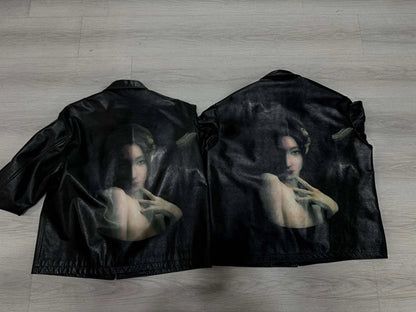 Yohji Yamamoto Uchida Suzume - Wheel of Fortune Portrait Print Genuine Leather Jacket