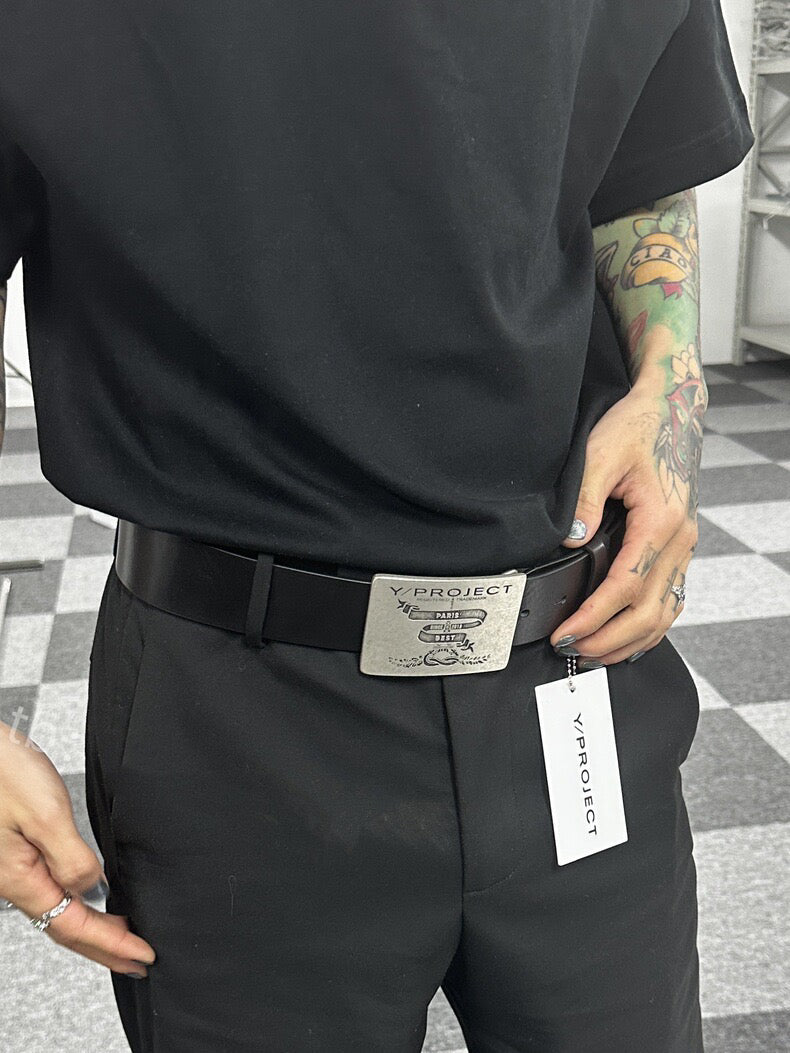 Y/Project 23SS Runaway Distressed Silver Plaque Genuine Leather Belt