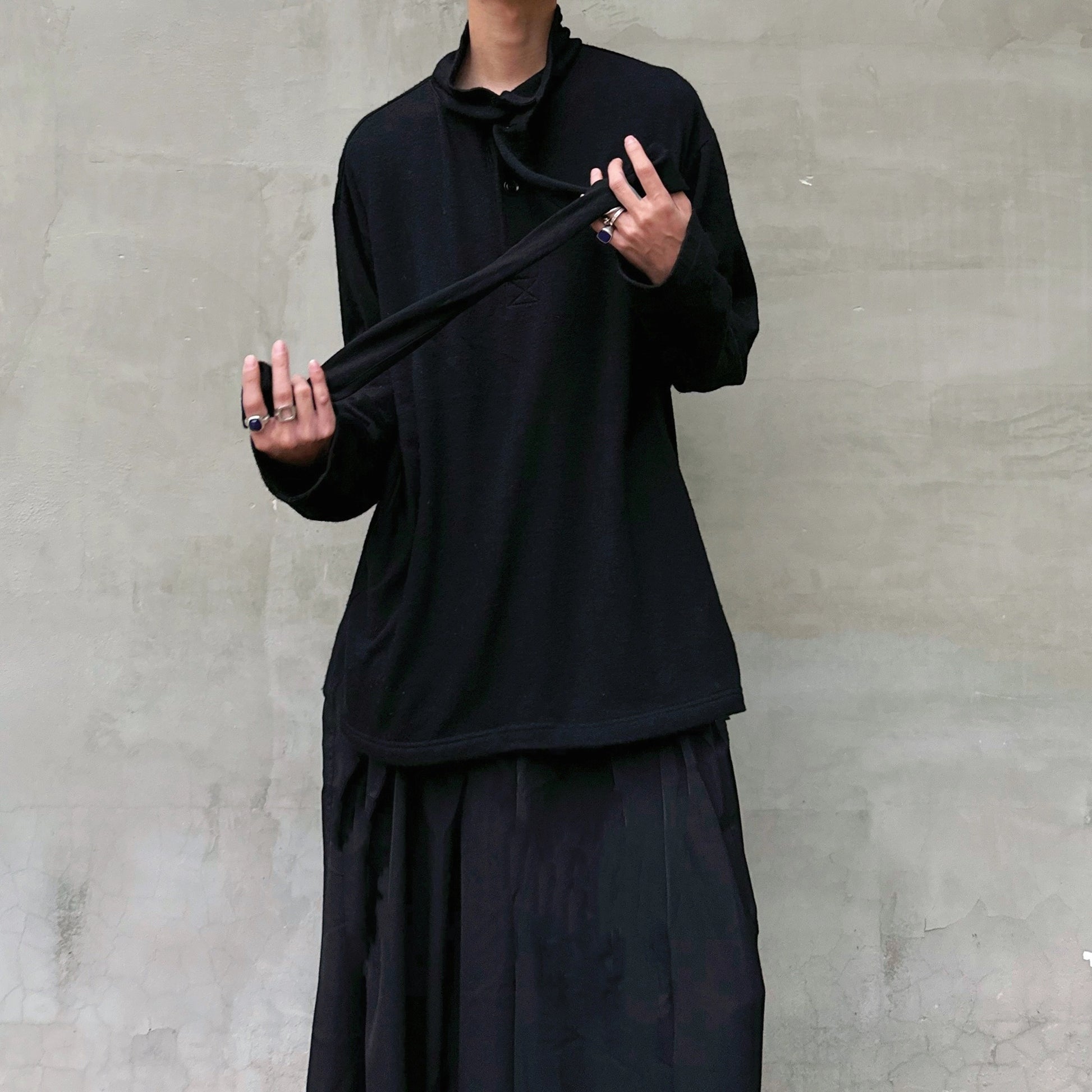 Yohji Yamamoto Merino Wool Knit Sweater Turtleneck Integrated Tie Scarf