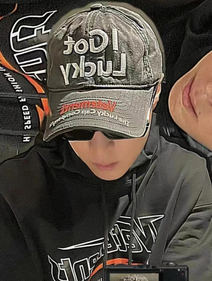 Vetements 22FW Washed Gray Embroidered Baseball Cap ’I Got Lucky’ Long Brim Hat