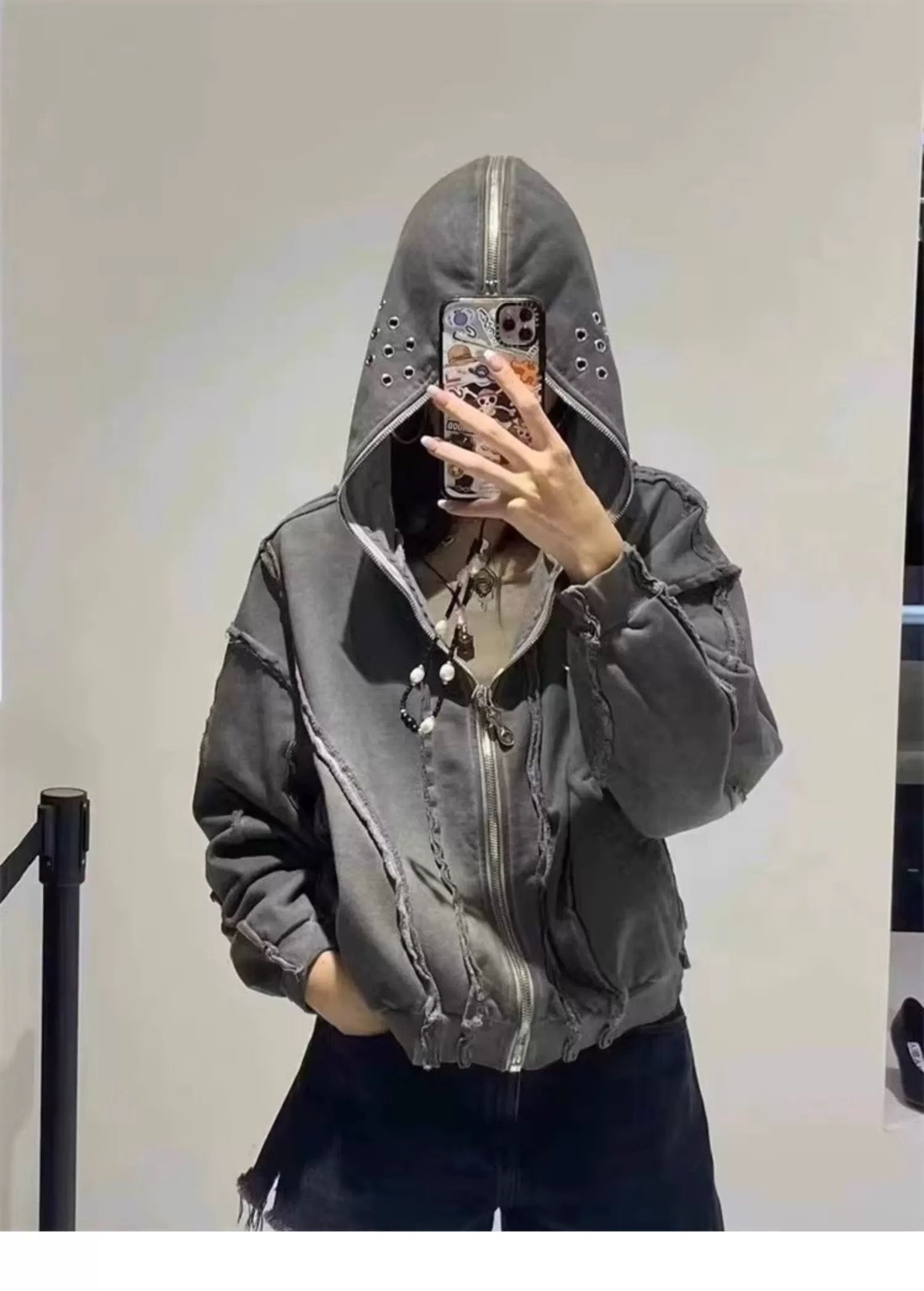 THUG CLUB Washed Wax-Dye Shark Mask Zip-Up Hoodie Outerwear Jackets