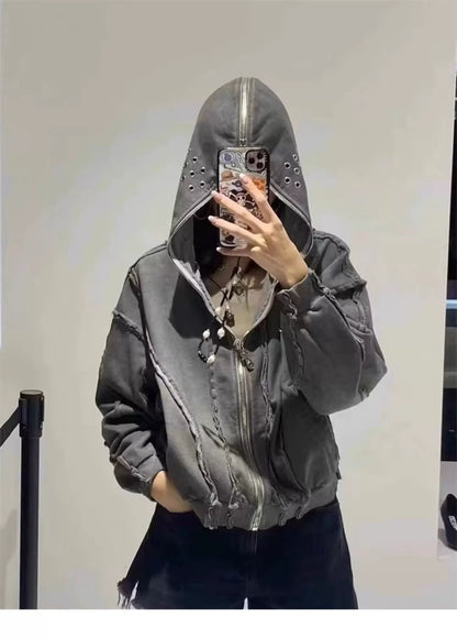 THUG CLUB Washed Wax-Dye Shark Mask Zip-Up Hoodie Outerwear Jackets
