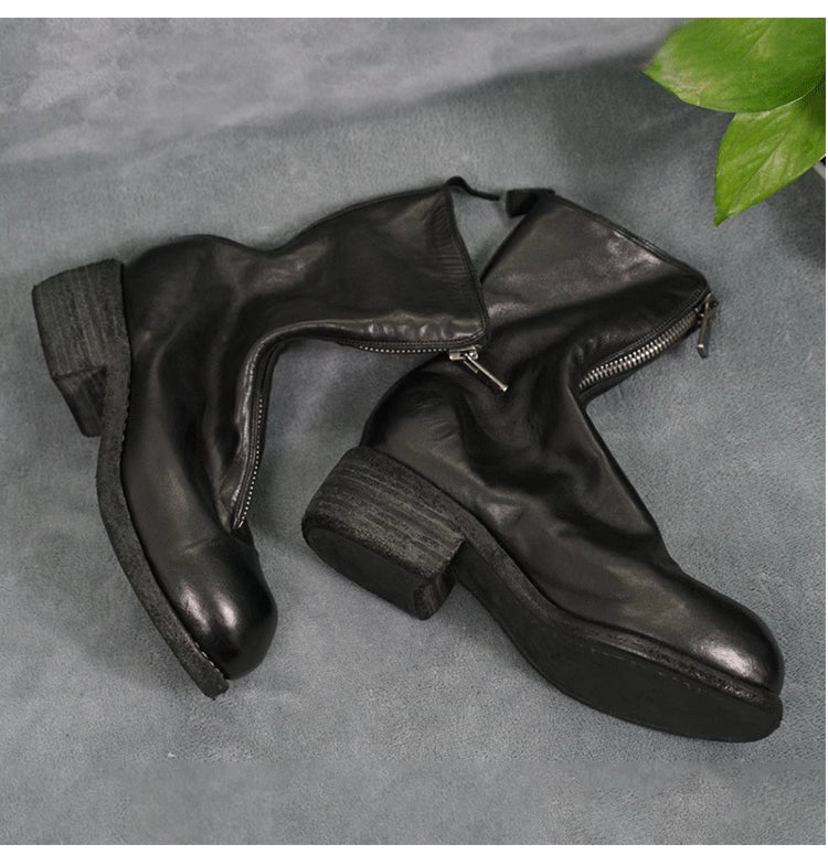 Guidi Horse Leather Distressed Chunky Heel Mid-Calf Ankle Boots PL1/2 Front-Zip