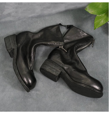 Guidi Horse Leather Distressed Chunky Heel Mid-Calf Ankle Boots PL1/2 Front-Zip