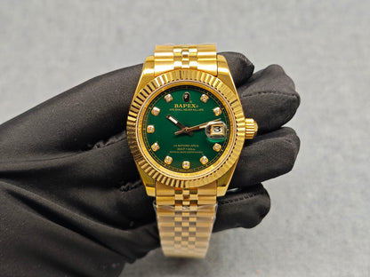 TYPE 6 BAPEX Gold-Green Ape Power Watch - Fluted Bezel Datejust Mechanical Wristwatch - Gold dial model