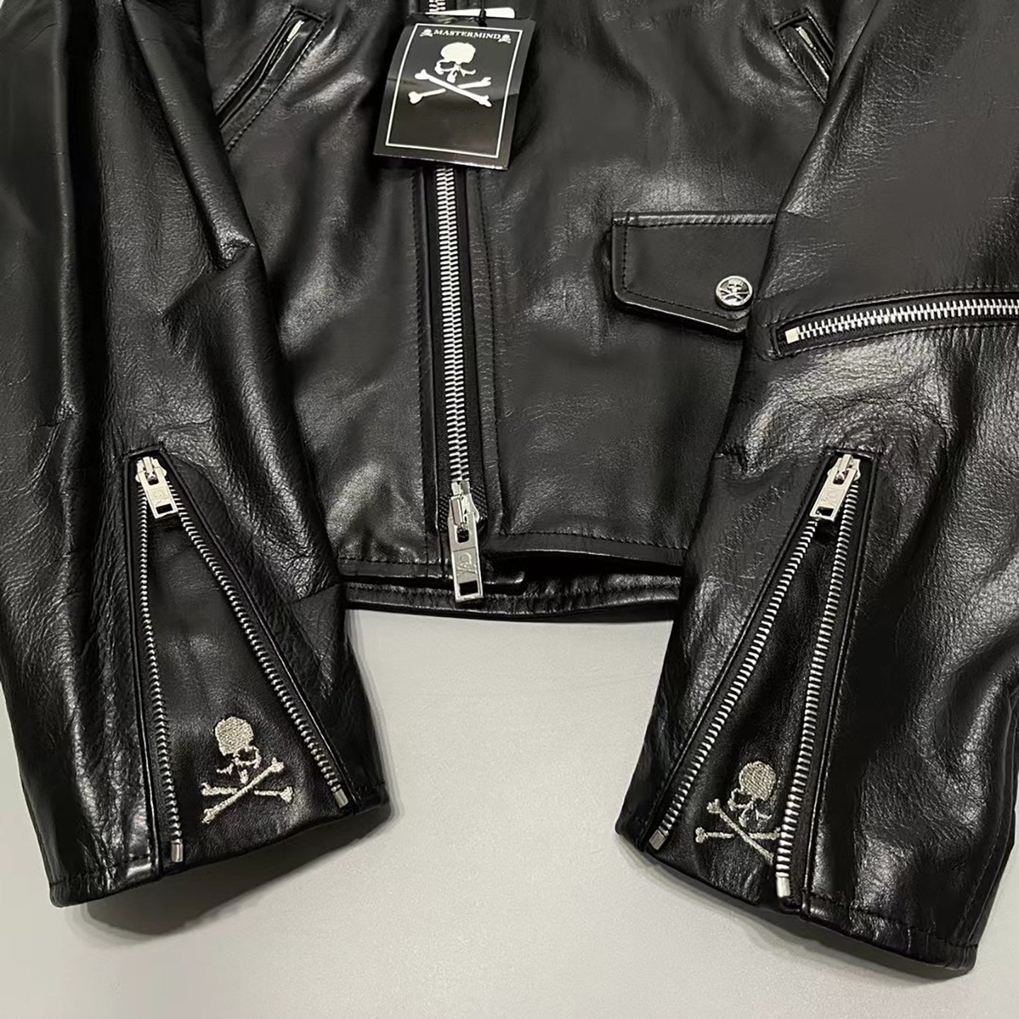 MASTERMIND Skull Embroidery Cowhide Biker Jacket - Luxury Darkwear