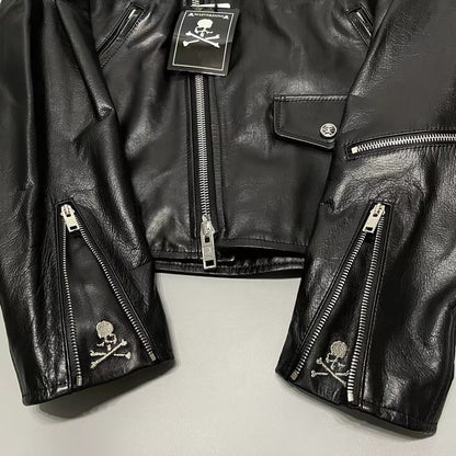 MASTERMIND Skull Embroidery Cowhide Biker Jacket - Luxury Darkwear