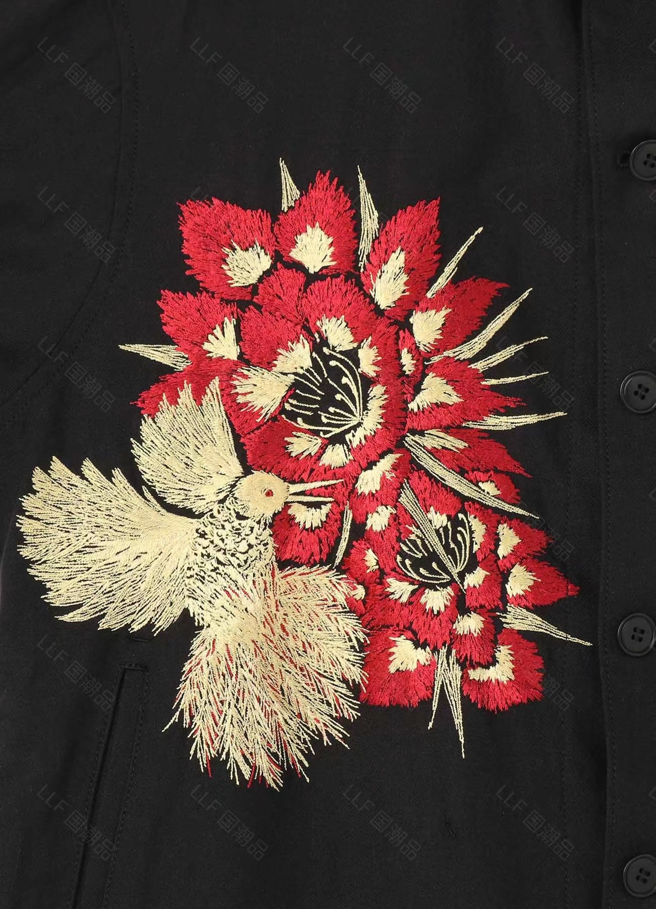 Yohji Yamamoto Hummingbird Embroidered Silk-Linen Jacket Long Sleeve