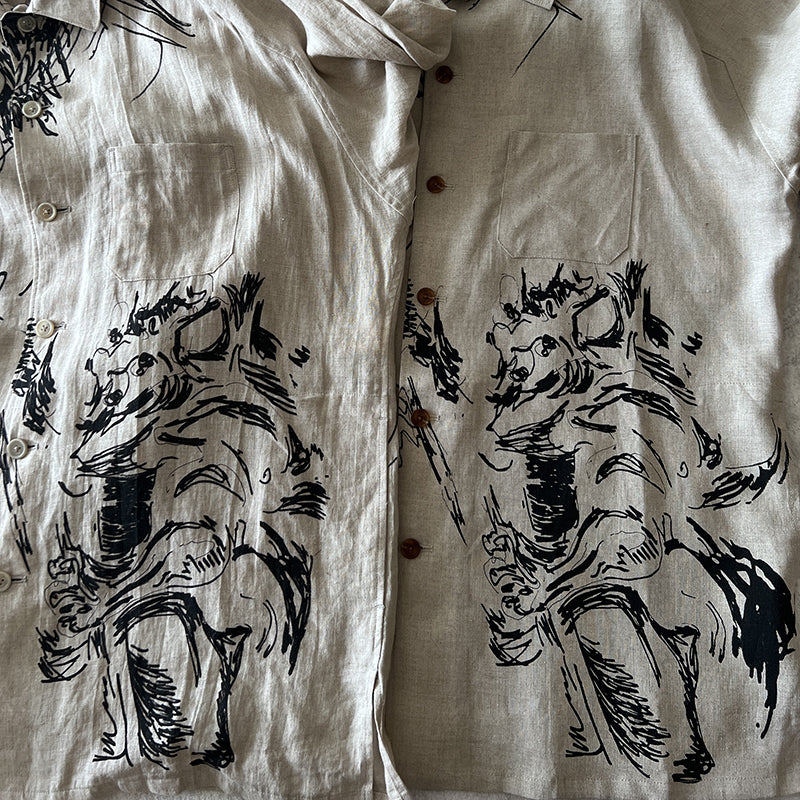 Yohji Linen Shirt – Yuuka Asakura Yamamoto Hand-Painted Beast Motif