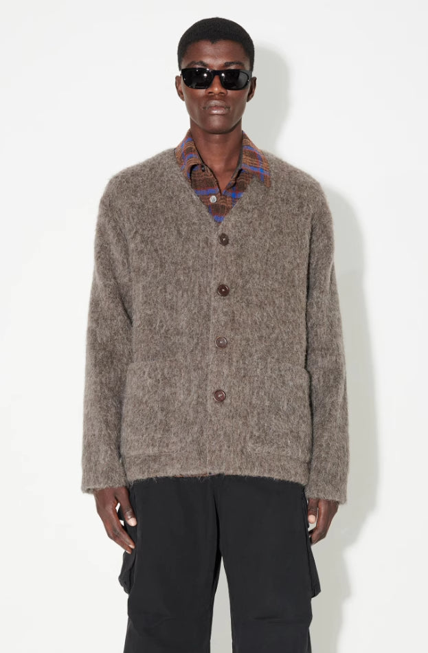 Our Legacy Gray-Brown Mohair Cardigan Wool Blend Knitted Long Sleeve V-Neck Sweater
