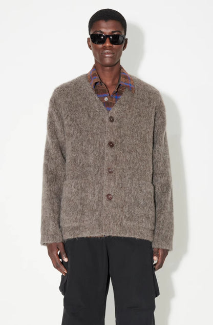 Our Legacy Gray-Brown Mohair Cardigan Wool Blend Knitted Long Sleeve V-Neck Sweater