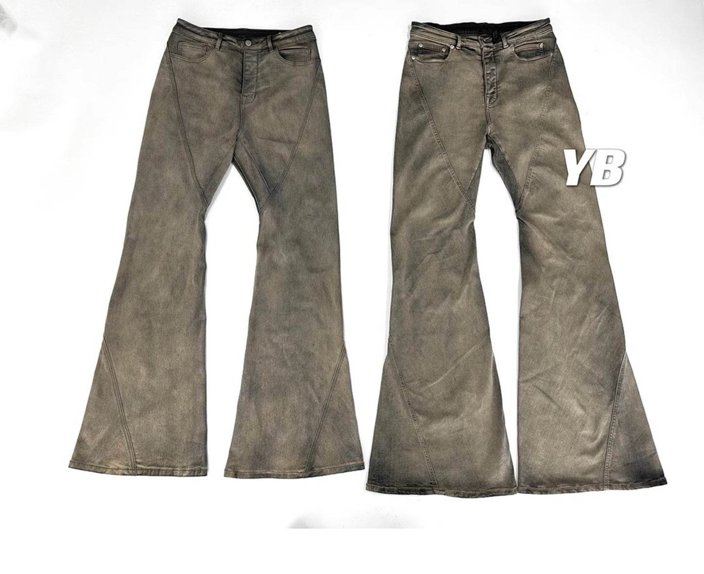 Rick Owen Earth Tone Flared Stacked Jeans – Slim Washed Wide-Leg Opium - Size avaliable S ~ XL