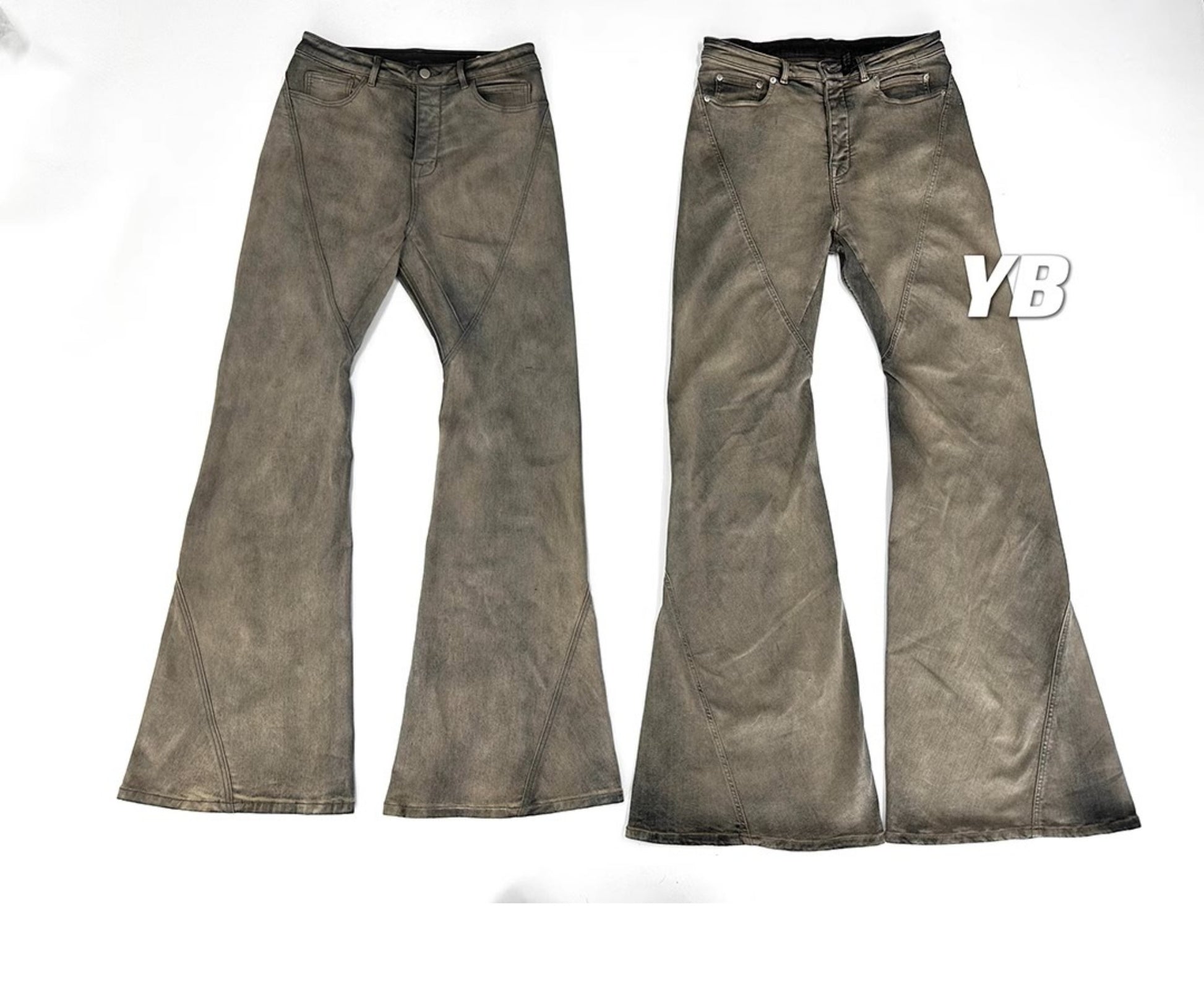 Rick Owen Earth Tone Flared Stacked Jeans – Slim Washed Wide-Leg Opium - Size avaliable S ~ XL