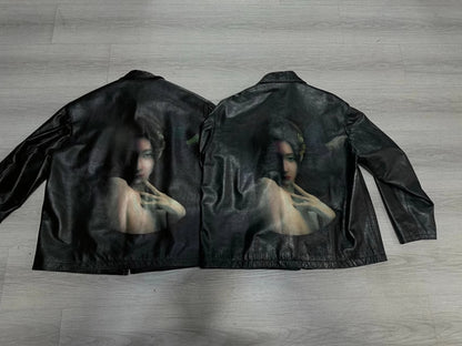 Yohji Yamamoto Uchida Suzume - Wheel of Fortune Portrait Print Genuine Leather Jacket