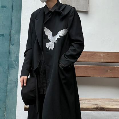 Yohji Wool Trench Coat - Double-Layered Collar White Raven Embroidery