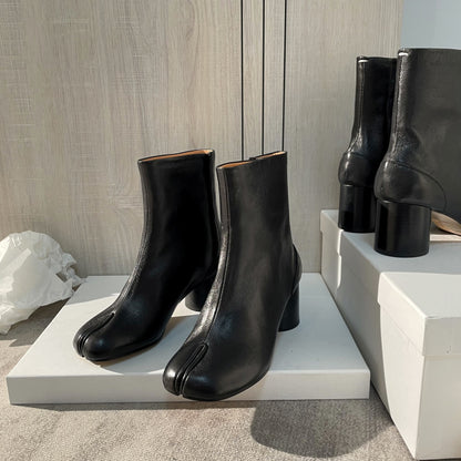 25AW Women’s Tabi Heel Boots - 8cm Stiletto Calfskin Split-Toe Ankle Boots