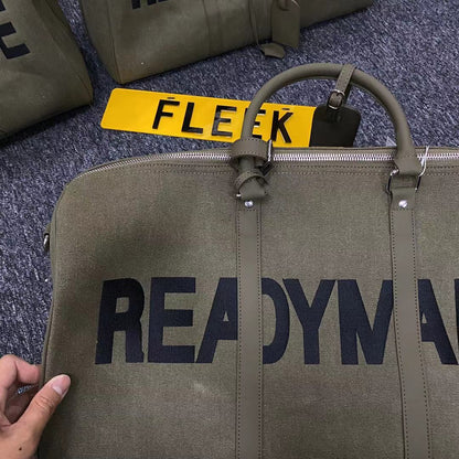 Readymade Overnight Bag - Army Green Canvas Embroidered Travel Bucket Gym Bag - Green