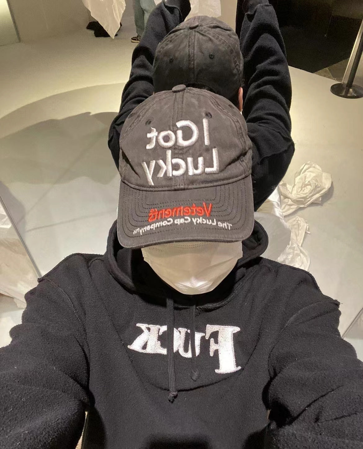 Vetements 22FW Washed Gray Embroidered Baseball Cap ’I Got Lucky’ Long Brim Hat
