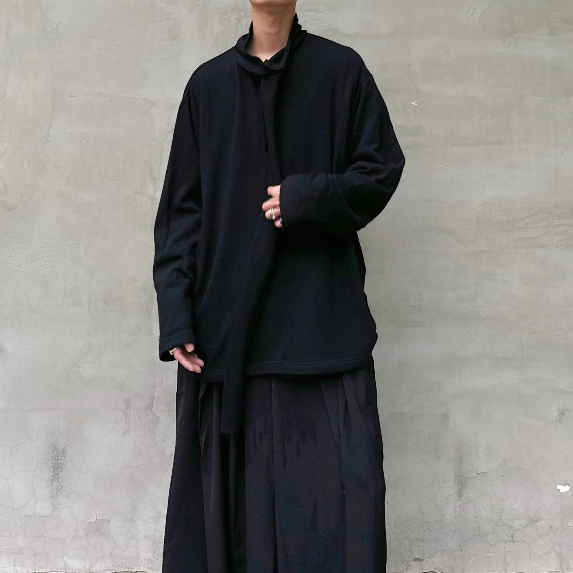 Yohji Yamamoto Merino Wool Knit Sweater Turtleneck Integrated Tie Scarf