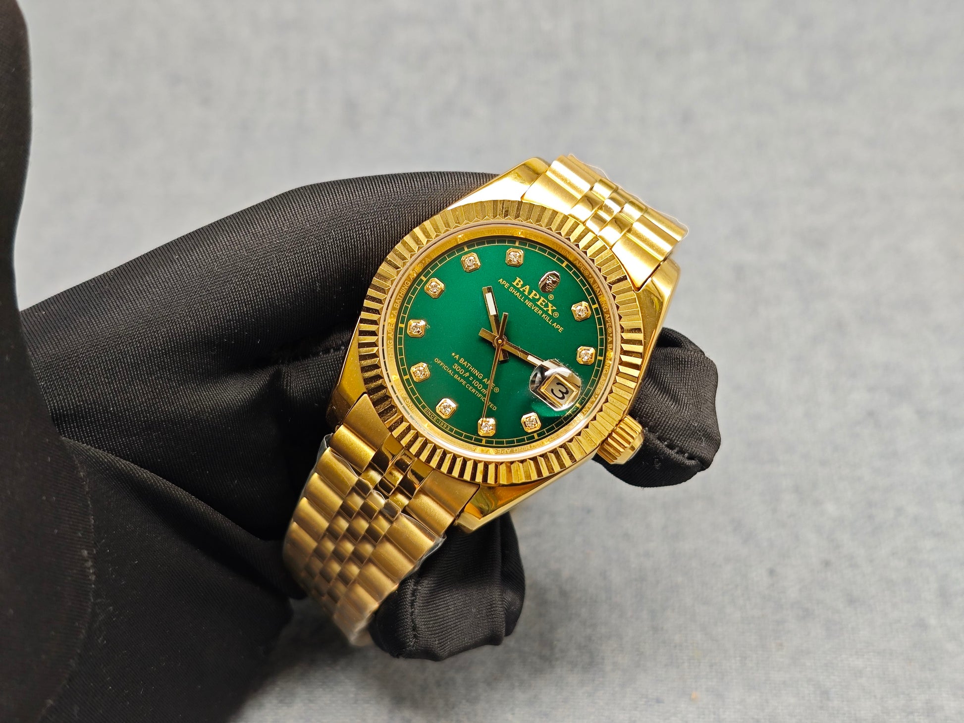 TYPE 6 BAPEX Gold-Green Ape Power Watch - Fluted Bezel Datejust Mechanical Wristwatch