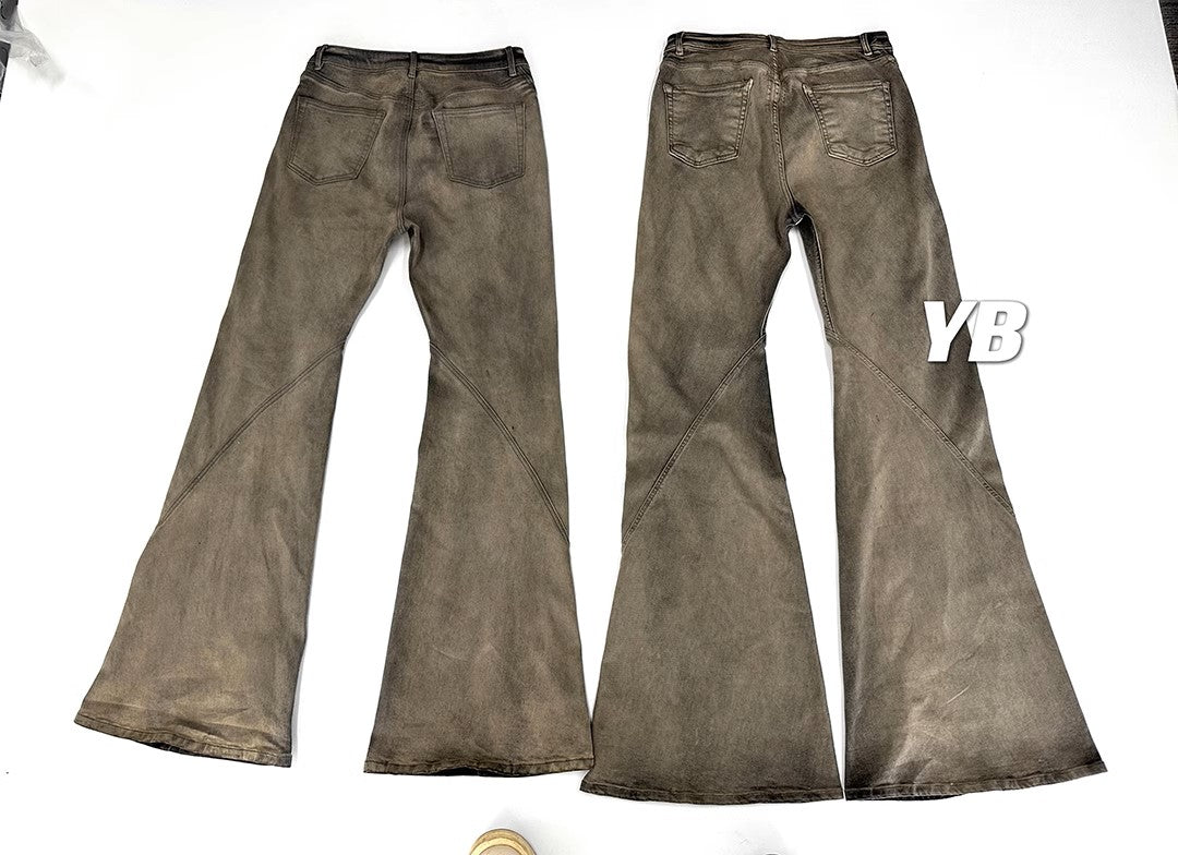 Rick Owen Earth Tone Flared Stacked Jeans – Slim Washed Wide-Leg Opium - Size avaliable S ~ XL