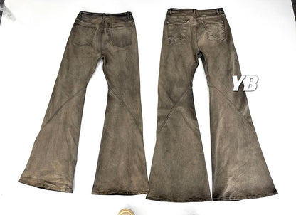 Rick Owen Earth Tone Flared Stacked Jeans – Slim Washed Wide-Leg Opium - Size avaliable S ~ XL