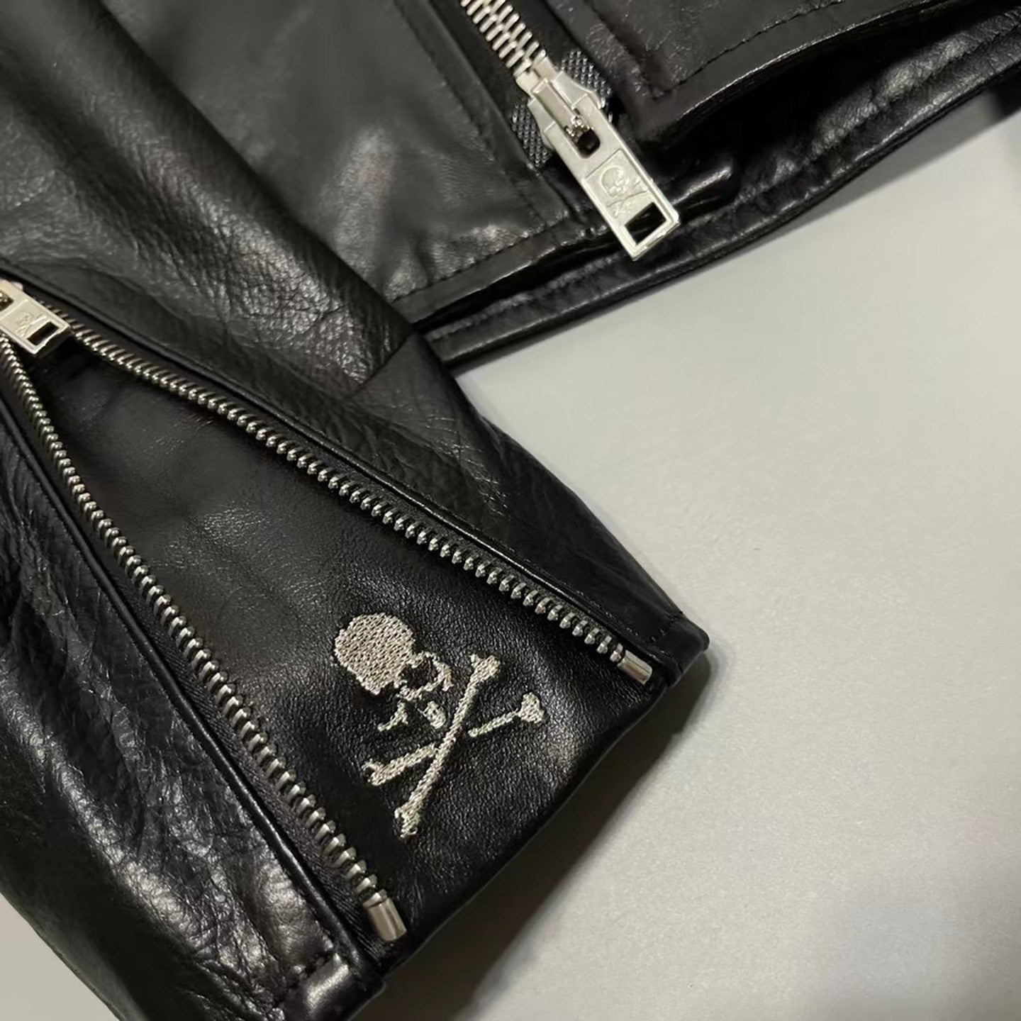 MASTERMIND Skull Embroidery Cowhide Biker Jacket - Luxury Darkwear