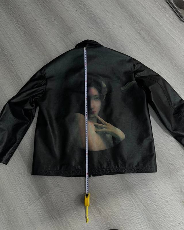 Yohji Yamamoto Uchida Suzume - Wheel of Fortune Portrait Print Genuine Leather Jacket