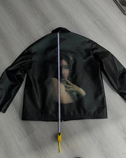 Yohji Yamamoto Uchida Suzume - Wheel of Fortune Portrait Print Genuine Leather Jacket