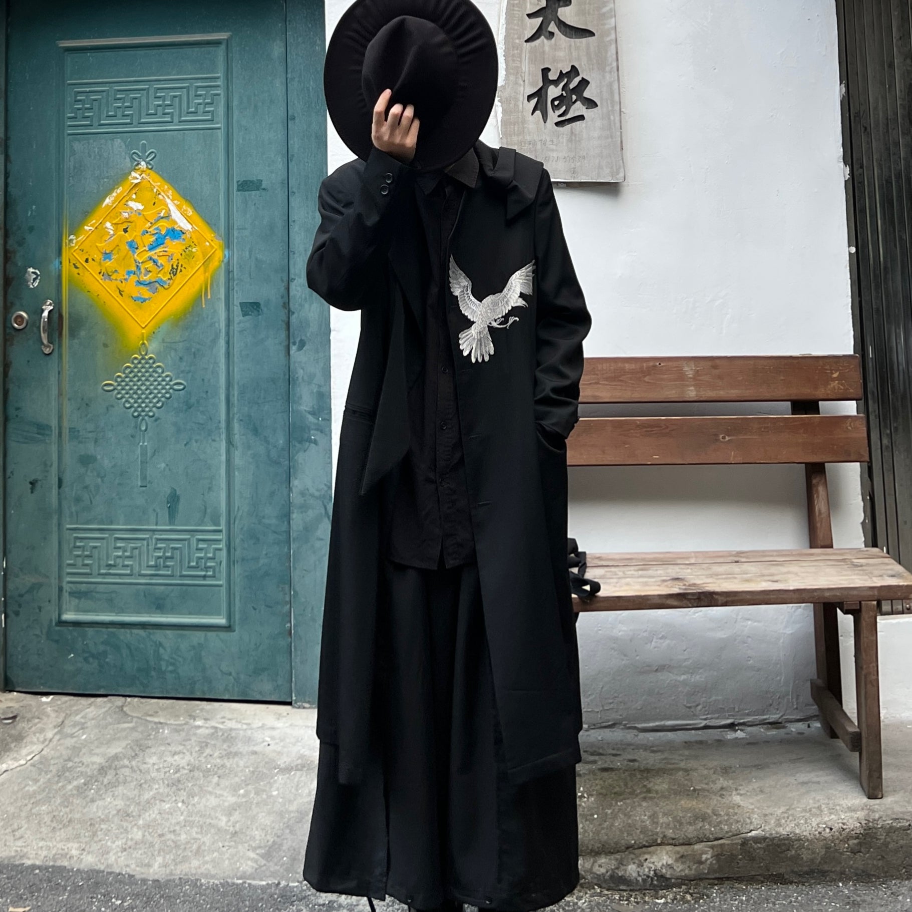 Yohji Wool Trench Coat - Double-Layered Collar White Raven Embroidery